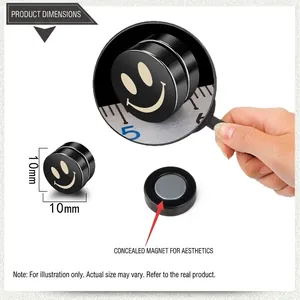 Macro detail of 10mm black magnetic smiley face stud earring with size dimensions