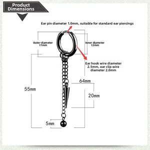 Detailed size specifications for punk style black stainless steel tassel chain earrings