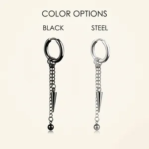 Detail of punk style stainless steel tassel chain earrings in black and silver colors