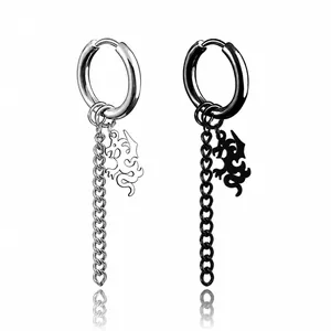 Pendientes punk de acero inoxidable con colgante de dragón y cadenas en negro y plateado