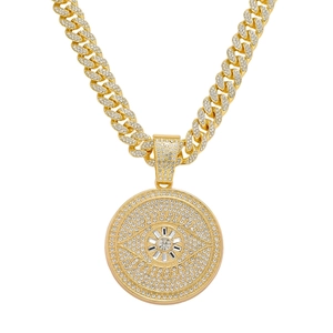 Hip hop evil eye medallion necklace with iced out Cuban chain in gold plating