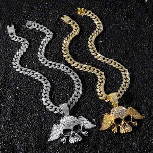 Ensemble collier pendentif tête de mort à ailes hip hop avec chaîne cubaine en or et argent