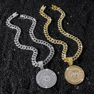 Men's hip-hop iced out evil eye medallion necklaces with thick Cuban link chains