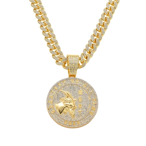 Men's gold iced out goat pendant necklace with a Cuban chain and rhinestone detailing
