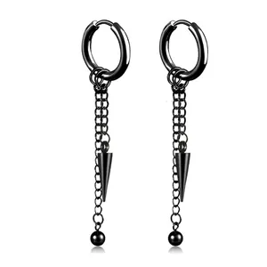 Punk Stainless Steel Tassel Chain Drop Earrings For Men Women Black Silver Hoop Earrings With Spike Ball Pendants Gothic Jewelry