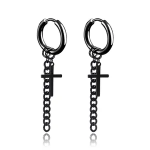 Boucles d'Oreilles Créoles en Acier Inoxydable avec Croix et Chaîne à Glands pour Hommes Femmes Punk Gothique Bijoux Unisexes