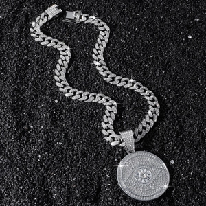 Men's hip hop silver iced-out cuban chain necklace with a crystal evil eye circle pendant