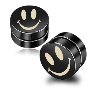 Magnetic black stainless steel stud earrings with smiley face design for non-pierced ears