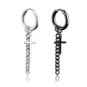 Boucles d'oreilles mixtes en acier titane avec croix pendante et chaîne à pompon