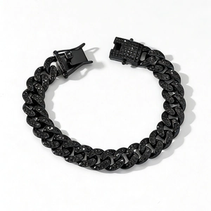 Classic 13mm black iced-out Cuban link chain bracelet with full black stones and box clasp