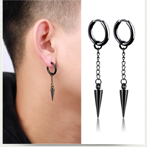 Black titanium steel punk hoop earrings with long chain and spike pendant for men