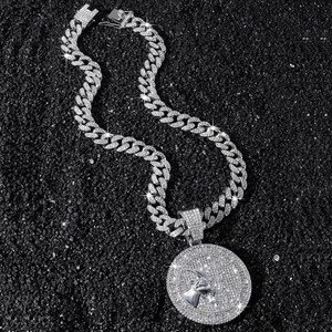 Hip-hop silver Cuban chain necklace with iced-out round goat pendant for men