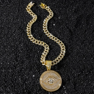 Hip Hop Men Full Rhinestone Evil Eye Round Pendant Necklace Zinc Alloy Gold Silver Plated Cuban Chain Iced Out Jewelry