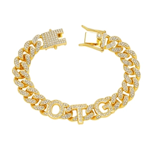 Bracelet chaîne cubaine 13mm doré avec lettres OTG serties de cristaux brillants