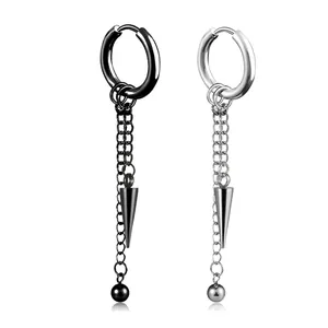 Unisex stainless steel hoop earrings with hanging chain and punk spike charms