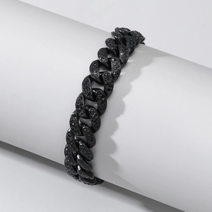Classic 13mm black iced out Cuban link bracelet with full black rhinestones on white display