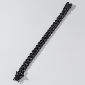 Classic 13mm matte black Cuban link bracelet with full rhinestone inlay in diagonal view