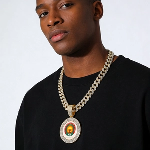 Collier hip-hop pour homme avec chaîne cubaine plaquée or et pendentif rond à logo d'arbre