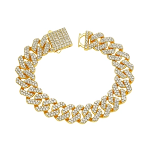 Classic 14mm gold-plated iced out cuban link bracelet with diamond rhombic chain design