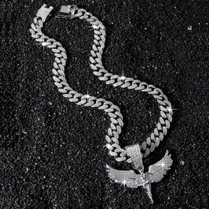 Collier hip hop pour homme en argent avec pendentif ailes d'ange et chaîne cubaine
