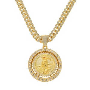 Collier chaîne cubaine hip-hop avec pendentif Santa Muerte rotatif en or et strass