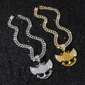 Collier hip hop avec pendentif aile et ancre, chaîne cubaine en or et argent
