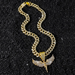 Collier Pendentif Ailes d'Ange en Alliage de Zinc pour Hommes Hip Hop Chaîne Maille Gourmette Strass Or Argent Bijoux de Mode