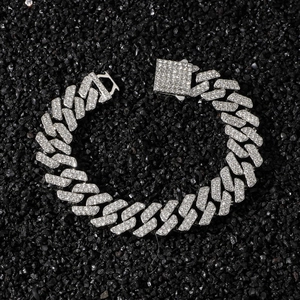 Classic 14mm silver iced-out diamond rhombus Cuban link chain bracelet for men and women