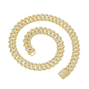 Men hip hop iced-out 14mm rhinstone cuban link chain necklace in gold finish