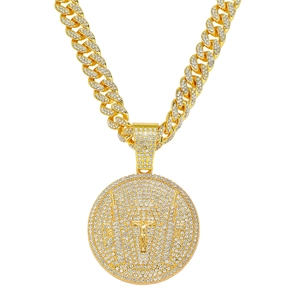 Hip hop style gold plated circular medallion necklace with full iced out cuban chain
