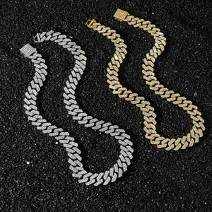 Men's hip hop 14mm iced out rhombus Cuban link chain necklace in gold and silver