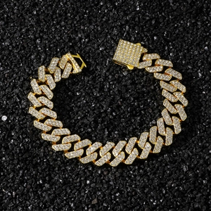 Hip Hop Rhombus Spliced Cuban Link Bracelet For Men Full Rhinestone Pave Alloy Gold Silver Plated Jewelry Chain Gift
