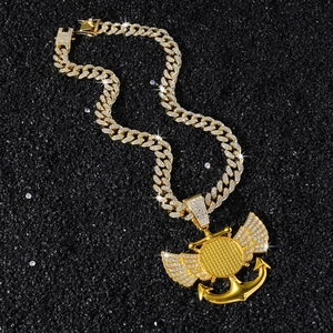 Collier Homme Hip Hop Pendentif Aile Ancre Alliage de Zinc Strass Mailles Cubaines Or Argent Punk Bijoux