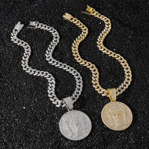 Iced out hip hop cuban chain necklace with diamond paved cross disc pendant