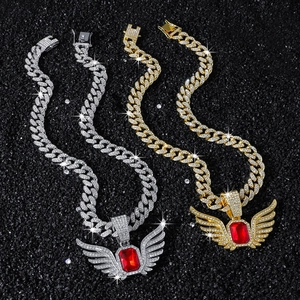 Men's hip hop Cuban chain necklaces with iced out angel wing and red gem pendants