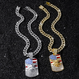 Collana cubana ghiacciata con ciondolo aquila e bandiera americana, oro e argento