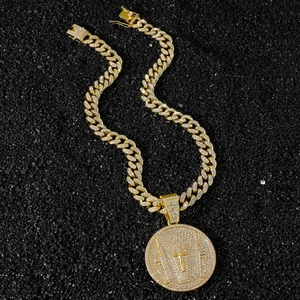 Hip Hop Men Pave Rhinestone Cross Round Disc Pendant Necklace Zinc Alloy Gold Silver Plated Cuban Chain Street Fashion Jewelry