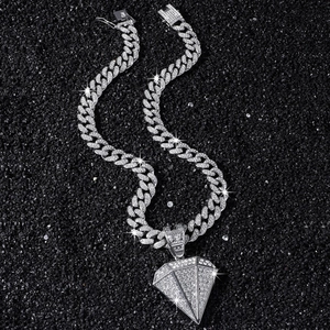 Men's hip hop silver iced out cuban chain necklace with large diamond shape pendant