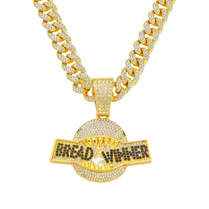 Chaîne cubaine or hip-hop avec pendentif Bread Winner dent de requin en strass