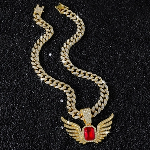 Hip Hop Men Wing Pendant Necklace Zinc Alloy Fully Paved Rhinestone Cuban Link Chain Gold Silver Color Party Jewelry Gift