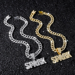 Collier chaîne cubaine hip hop glacée avec pendentif lettre SPARK en or et argent