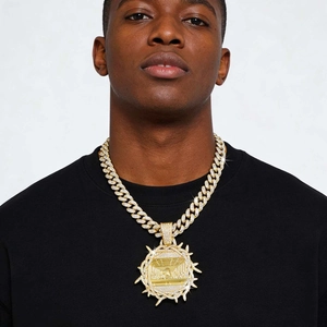 Hip-hop gold plated necklace with iced out Cuban chain and Last Supper pendant