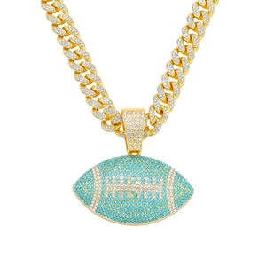 Collana cubana d'oro hip hop con ciondolo da football in strass blu e bianchi