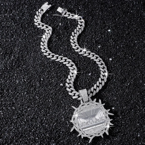Silver iced-out Cuban chain necklace with round The Last Supper relief pendant for men