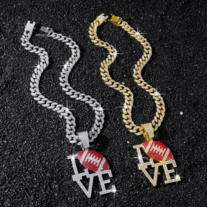 Collier hip hop avec pendentif football LOVE et chaîne cubaine en or et argent brillant