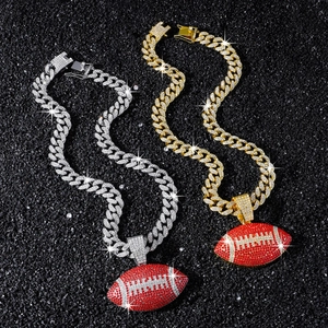 Pendentifs rugby hip-hop avec strass sur chaînes cubaines dorées et argentées brillantes