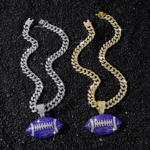 Iced out hip hop cuban link chain with dark blue american football pendant in gold and silver
