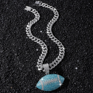Catena cubana hip-hop argento da uomo con ciondolo football blu e bianco con strass