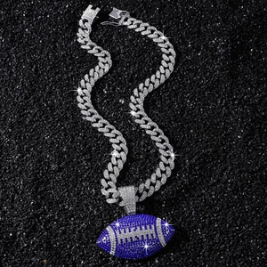 Men's hip hop silver Cuban chain with blue iced out American football pendant jewelry