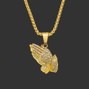 Hip Hop Praying Hands Pendant Necklace Gold Plated Alloy Rhinestone Religious Fashion Jewelry Long Box Chain For Men Women